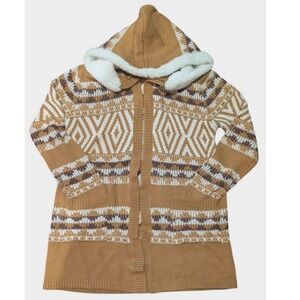 No‎ Boundaries Women's Fair Isle Hooded Cardigan Sweater Camel Brown White S 3-5